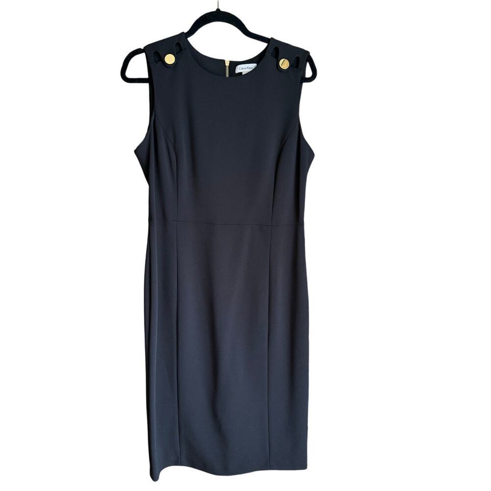 Calvin Klein Black Sleeveless Gold Button Sheath Dress Sz 12 LBD Office Classic